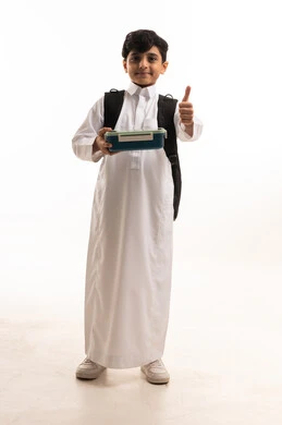 Saudi Student Boy in Thobe with Lunchbox Thumbs Up