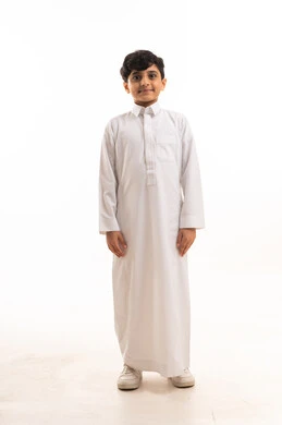 Saudi Boy in Traditional White Thobe on White Background