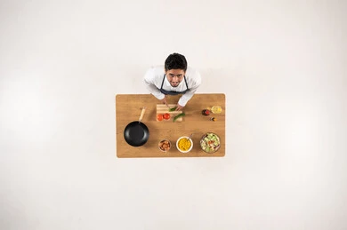 Arab Man Preparing Healthy Food Top Down Studio View