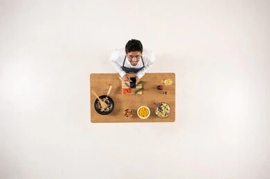 Arab Man Cooking Food Top View White Background