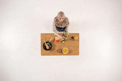 Arab Woman in Hijab Preparing Salad Top View