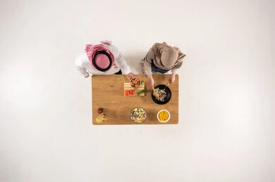 Saudi Couple Cooking Meal Top View Indoor
