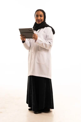 Saudi Female Doctor with Digital Tablet White Background