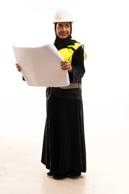 Saudi Female Engineer in Abaya Holding Blueprint