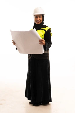 Saudi Female Engineer Holding Blueprint in Studio