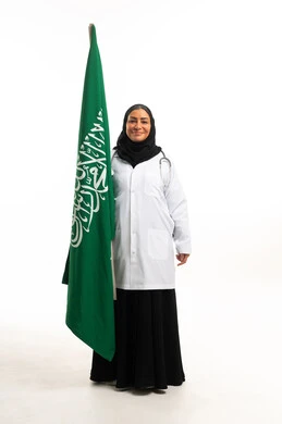 Saudi Female Doctor with National Flag on White Background