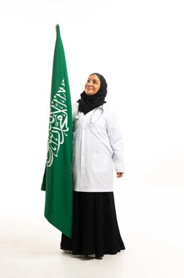 Saudi Female Doctor Holding National Flag on White Background
