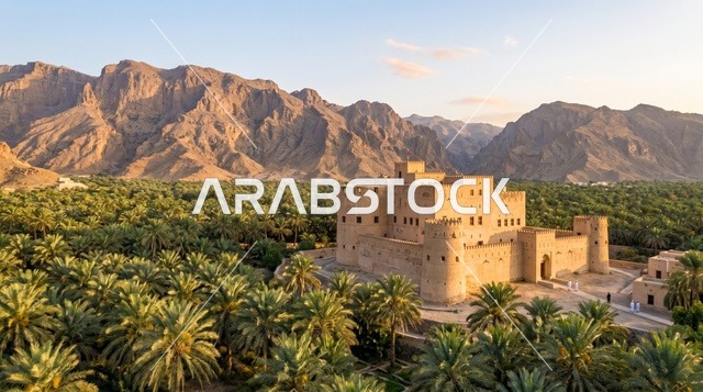 قلعة حجرية قديمة في واحة نخيل بسلطنة عمان وقت الغروب