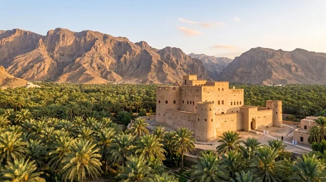 Stone Fort in Oman Oasis with Rocky Mountains Background