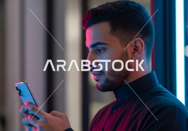 Saudi Man Using Smartphone with Modern Neon Lighting