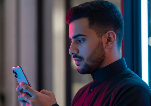 Saudi Man Using Smartphone with Modern Neon Lighting
