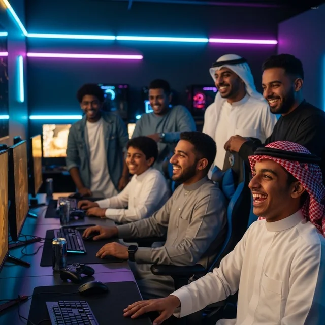 مجموعة من الشباب السعودي يستمتعون بالألعاب الإلكترونية في صالة ألعاب حديثة، أجواء من المرح والحماس بين الأصدقاء مجموعة من الشباب السعودي يستمتعون بالألعاب الإلكترونية في صالة ألعاب حديثة، أجواء من المرح والحماس بين الأصدقاء