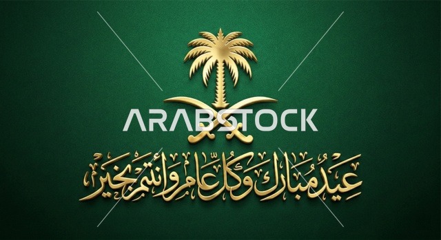 تصميم تهنئة عيد مبارك بشعار السعودية والخط الذهبي