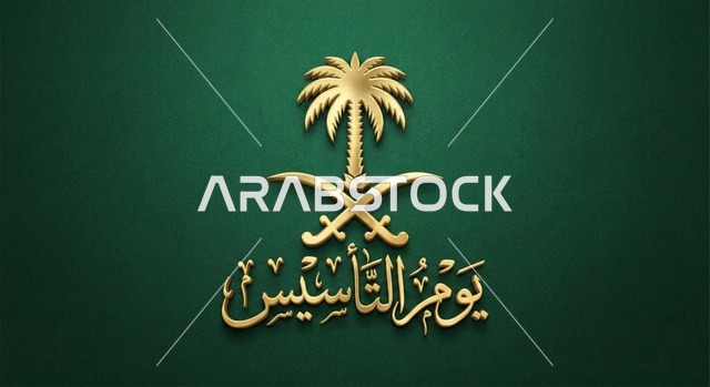 شعار يوم التأسيس السعودي الذهبي على خلفية خضراء
