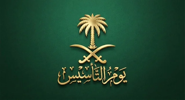 Saudi Founding Day Gold Logo on Dark Green Background