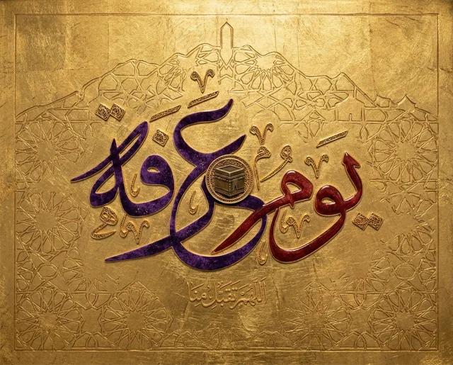 مخطوطة يوم عرفة ثلاثية الأبعاد بتصميم إسلامي فاخر وخلفية ذهبية مع الكعبة المشرفة