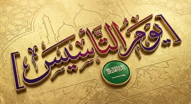 Creative background for Saudi National Day with 3D Arabic calligraphy and the Kingdom's flag