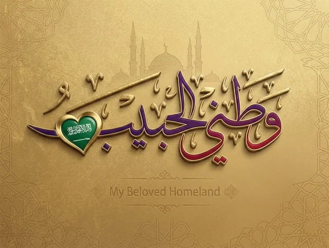 تصميم وطني الحبيب بالخط العربي الملون مع قلب يحمل علم السعودية على خلفية ذهبية ملكية