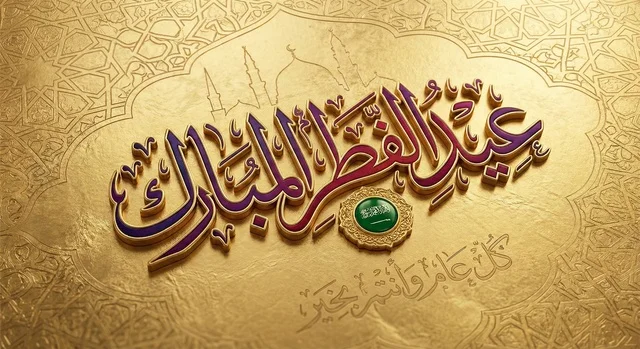 Eid al-Fitr greeting design in 3D Arabic script with a luxurious gold background