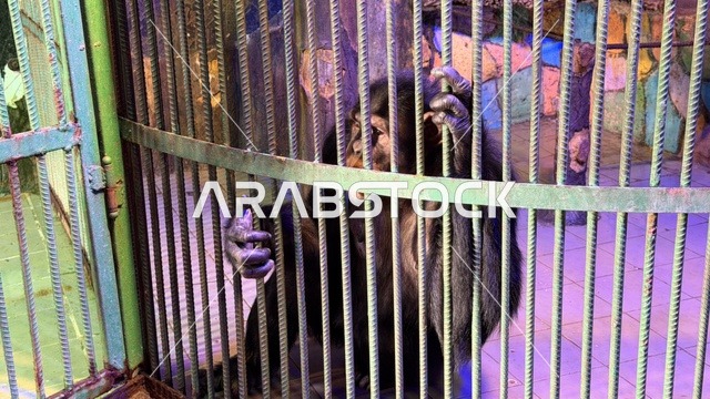 شمبانزي داخل قفص في قرية الدولفين بالدمام