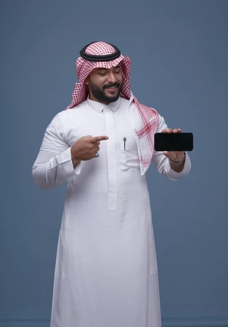 Saudi Man with Blank Smartphone Screen Mockup
