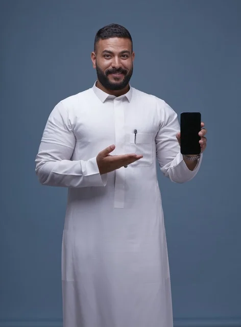 Saudi Man in White Thobe Holding Blank Smartphone Mockup