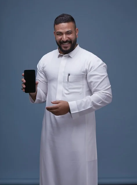 Saudi Man in White Thobe Holding Blank Smartphone Screen