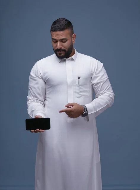 Saudi Man in White Thobe Holding Blank Smartphone Screen