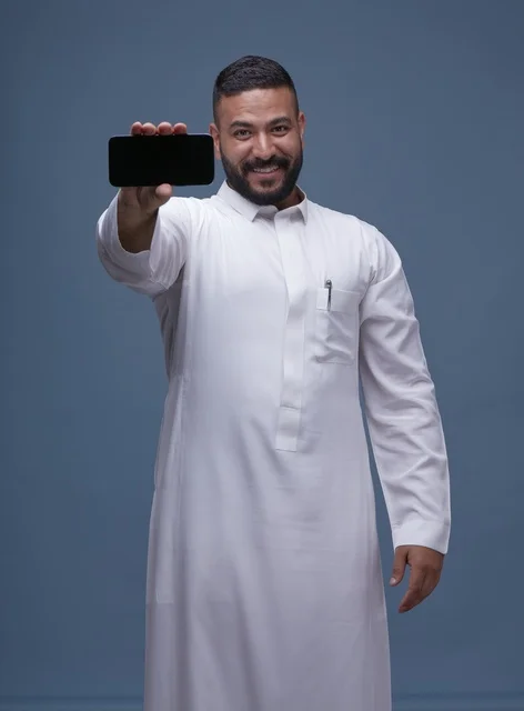 رجل سعودي بالثوب الأبيض يحمل هاتف ذكي بشاشة فارغة