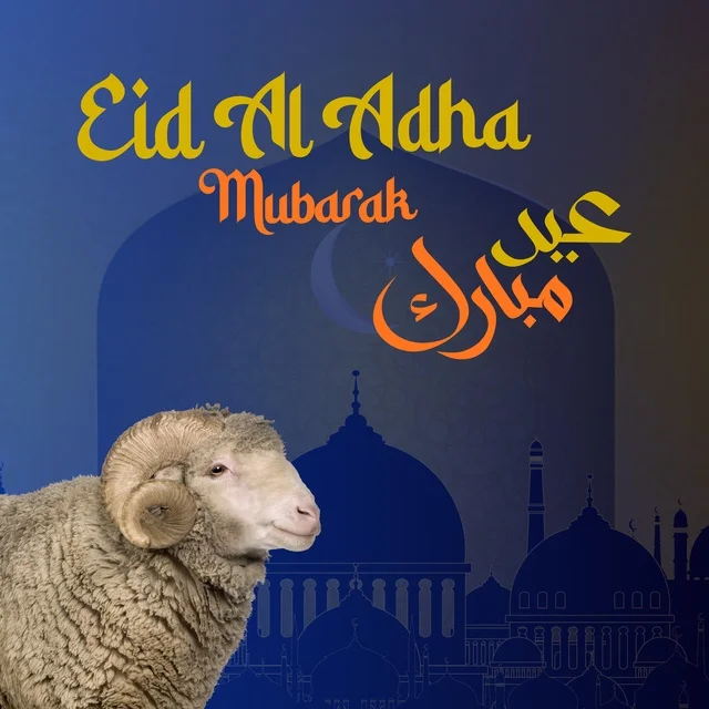Eid Al Adha Greeting with Ram and Mosque Silhouette