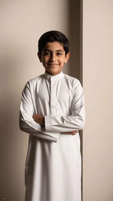 Saudi Boy in Traditional White Thobe Studio Portrait
