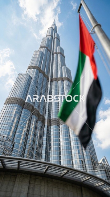 منظر برج خليفة في دبي مع علم الإمارات العربية المتحدة