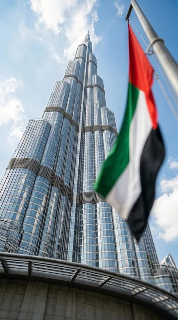 Burj Khalifa Dubai Skyscraper Low Angle with UAE Flag