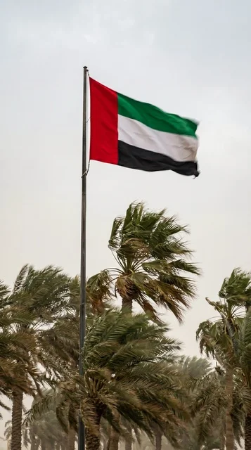 علم الإمارات يرفرف فوق النخيل في طقس عاصف