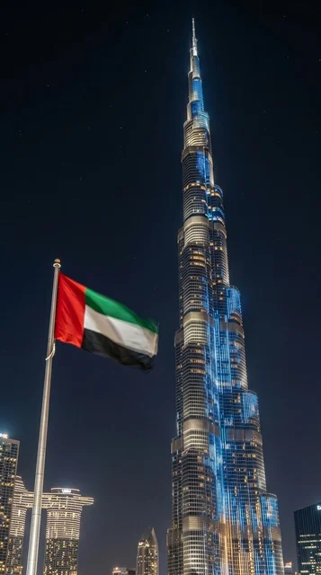معلم برج خليفة دبي مع علم الإمارات ليلاً