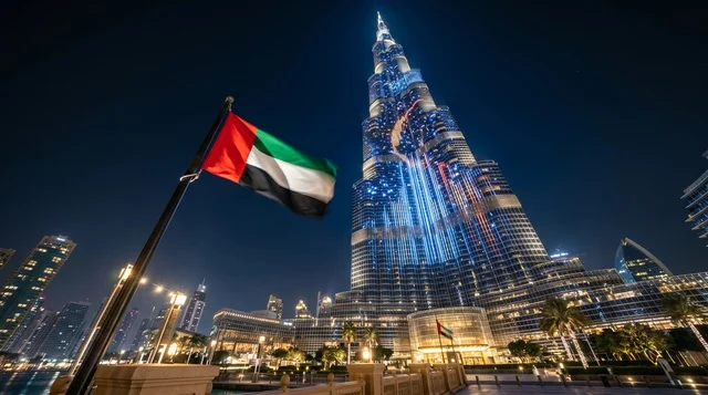 Burj Khalifa Dubai Landmark with UAE Flag at Night