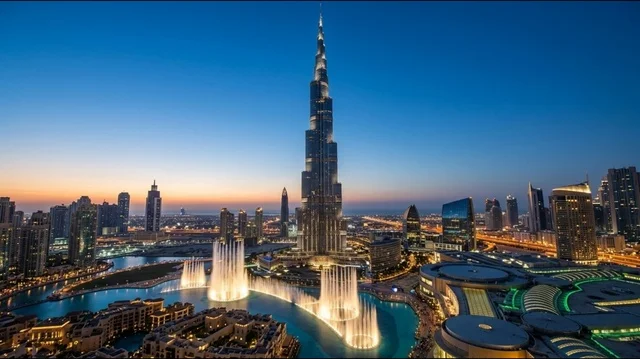 Burj Khalifa Dubai Fountain Skyline at Sunset
