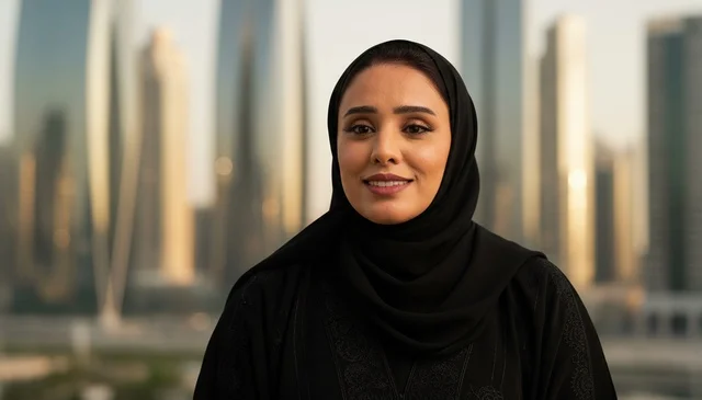 امرأة إماراتية بالعباءة السوداء أمام أفق مدينة خليجية