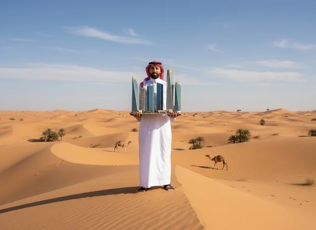 Saudi Man Holding Modern City Model in Desert