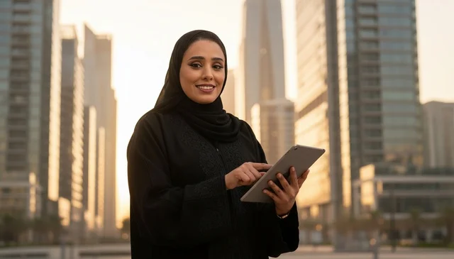 سيدة أعمال إماراتية تستخدم جهاز لوحي وقت الغروب