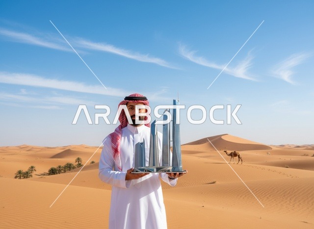 Saudi Man Holding Riyadh Architectural Model in Desert