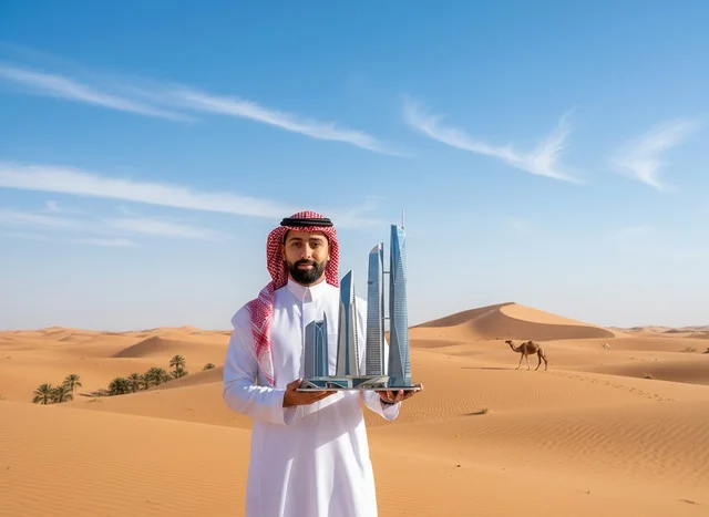 رجل سعودي يحمل مجسم أبراج الرياض في الصحراء
