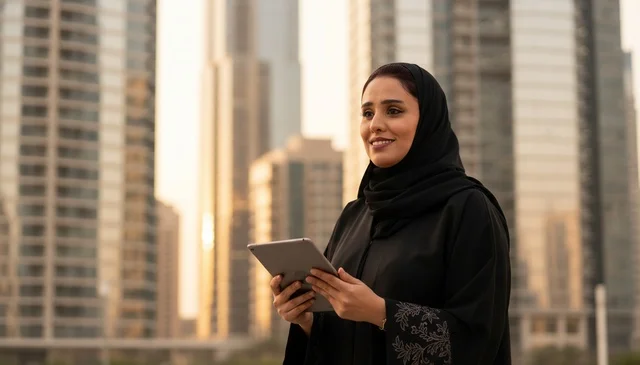 سيدة أعمال إماراتية مع جهاز لوحي في منطقة أعمال