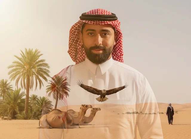 رجل سعودي بالثوب التقليدي في تصميم دمج صحراوي