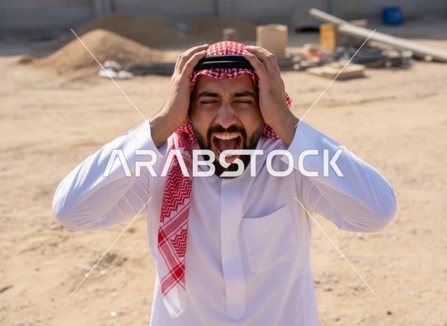 Stressed Saudi Man Shouting on Construction Site