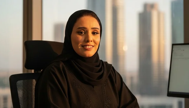 سيدة أعمال سعودية بالعباءة في مكتب عصري عند الغروب