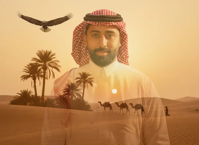 Saudi Man in Traditional Dress Desert Double Exposure
