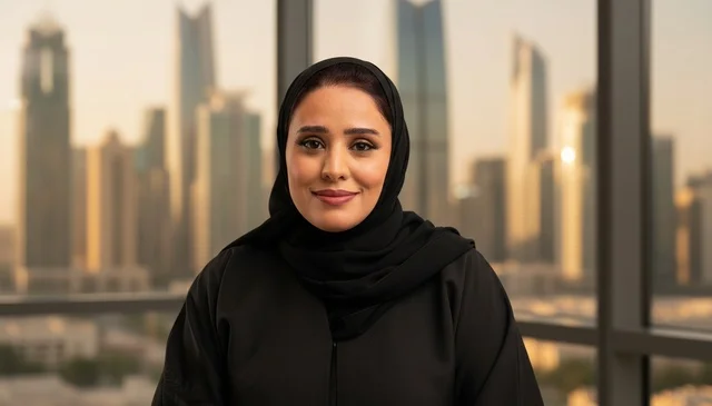 Saudi Businesswoman in Abaya with City Skyline Sunset