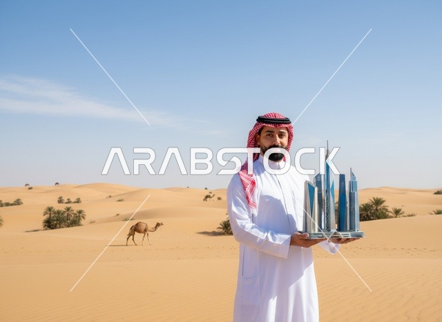 رجل سعودي يحمل مجسم أبراج الرياض في الصحراء