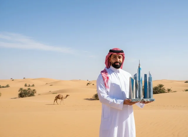 Saudi Man Holding Riyadh Skyline Model in Desert
